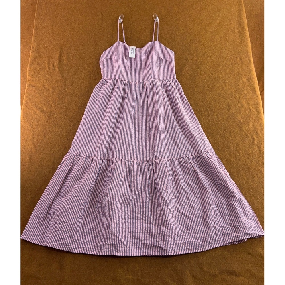 Dizzy Lizzy Womens LP Pink Striped Seersucker Tiered Cotton Midi Dress New